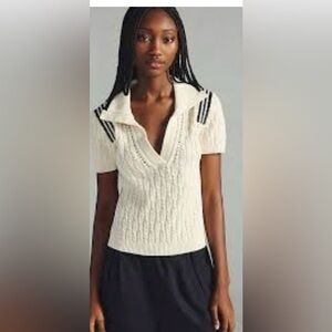 Anthropologie White V-Neck Cable Knit Sweater